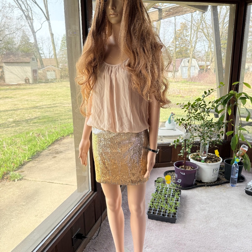 Dress with sequined skirt attached